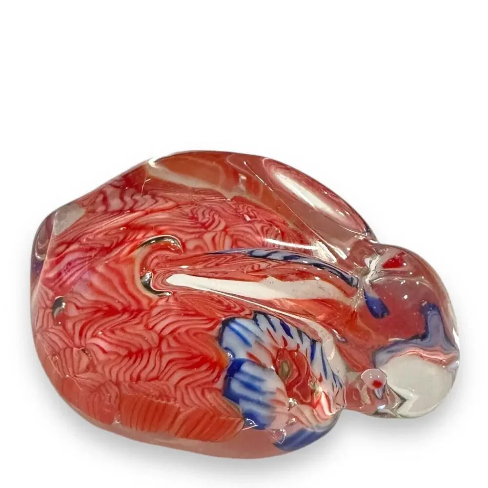 Art Glass Rabbit Paperweight Bunny Hand Blown Millefiori Clear Red White Blue